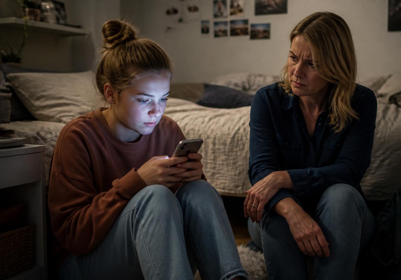 Parent sitting with a teenager using a smartphone late at night, illustrating social media addiction harm to minors
